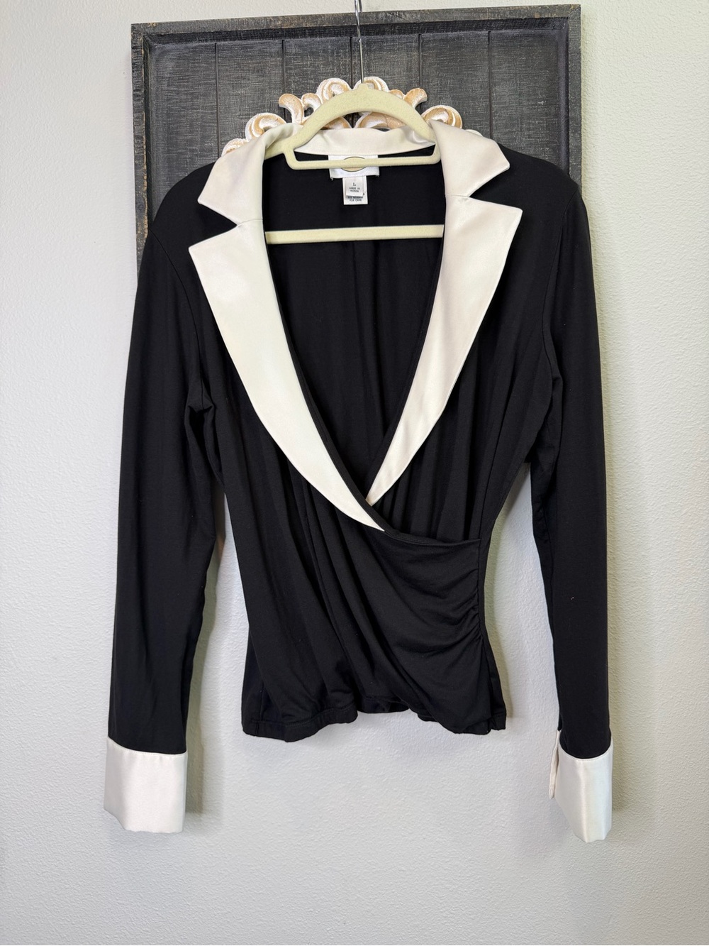 Talbots Vintage Silk Blend Black Wrap-Style Top with Tuxedo-Style Collar